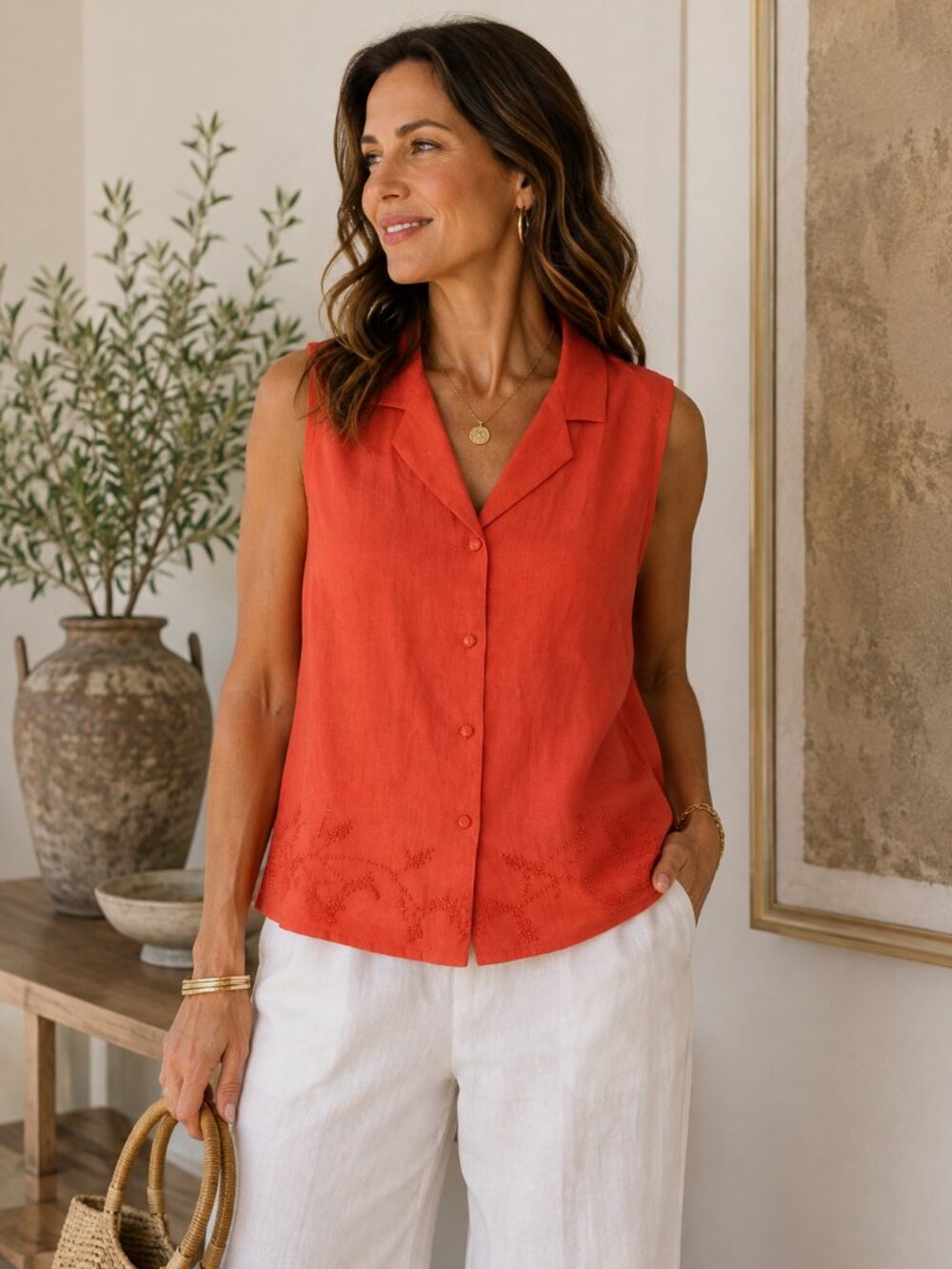 Coastal Red Orange 100%‎ Linen Beaded Sleeveless Blouse 14P Petite NWT Resort